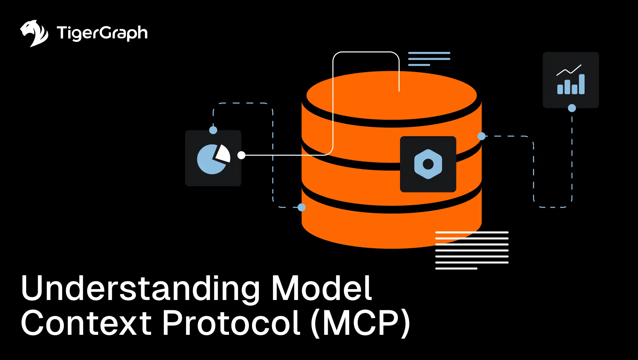 An illustration of an orange database icon linked to pie chart, gear, and bar graph symbols, featuring the text Understanding Model Context Protocol (MCP) alongside the TigerGraph logo.