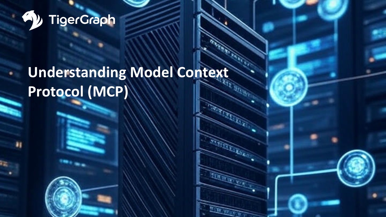 A close-up of a server rack surrounded by digital network graphics, with the TigerGraph logo and the text Understanding Model Context Protocol (MCP) displayed on the left.