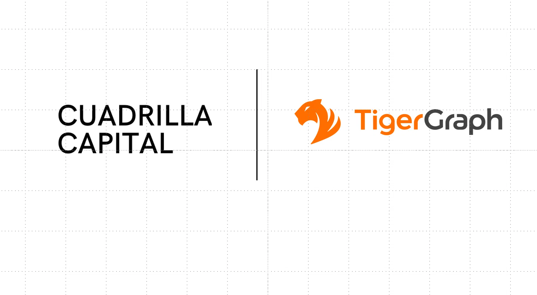 The image shows the Cuadrilla Capital logo on the left and the TigerGraph logo with an orange tiger head graphic on the right, separated by a vertical line on a white grid background.