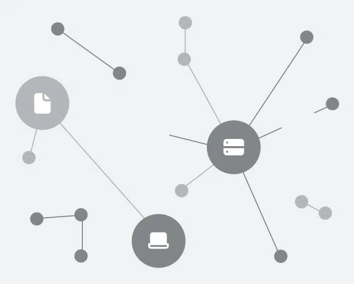 A network diagram with interconnected circles, featuring icons for a document, a server, and a laptop, illustrating data or system connections.