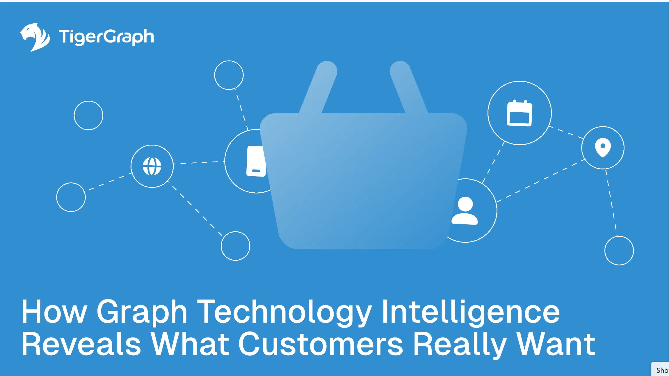 Blue graphic with TigerGraph logo, a large shopping basket icon, and various connected icons representing data points. Text reads: How Graph Technology Customer Insights Reveal What Customers Really Want.