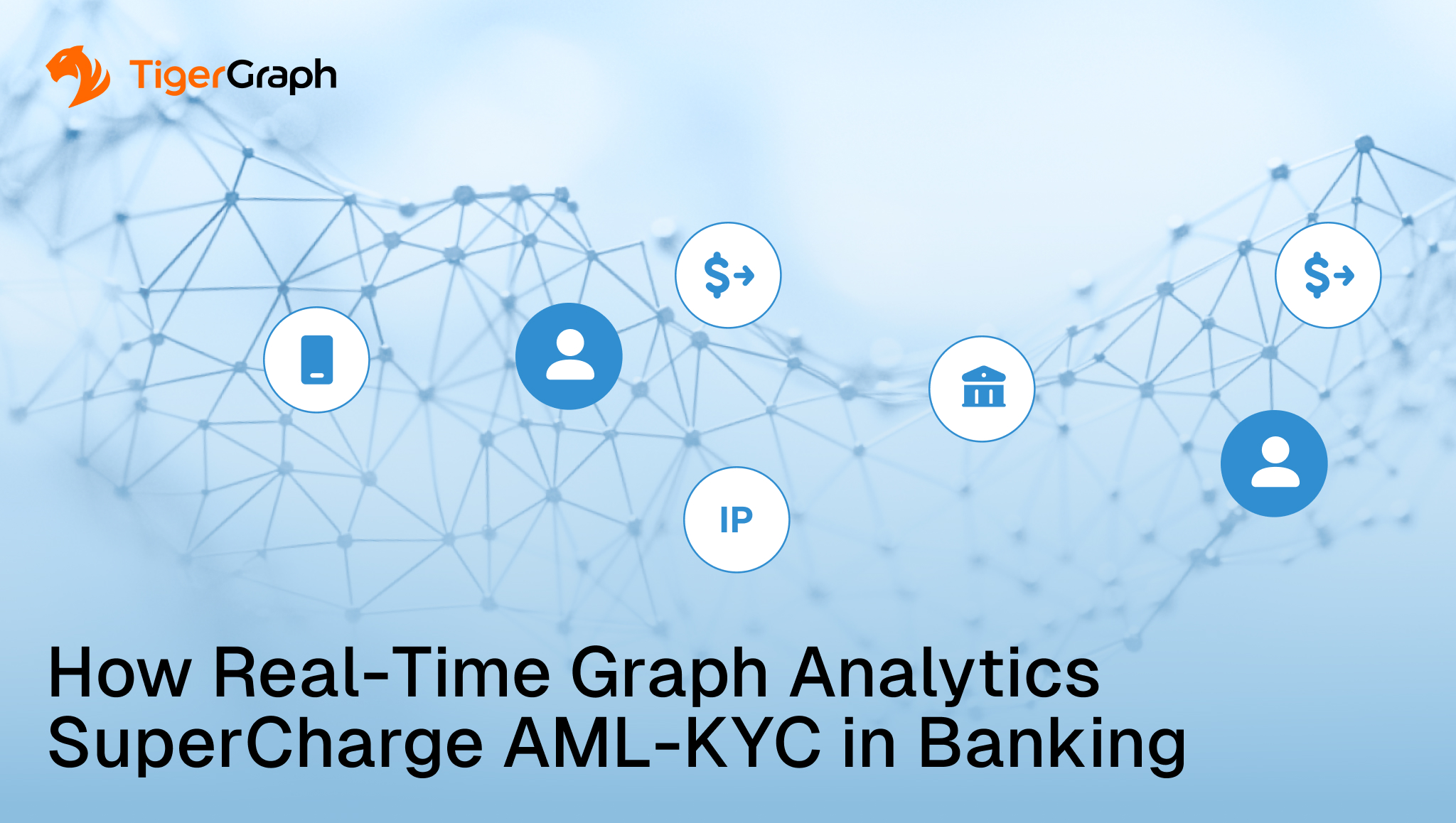 A network graphic with icons for user, dollar sign, bank, and IP address linked together, featuring the TigerGraph logo and the headline: How real-time graph analytics supercharge AML KYC efforts in banking.