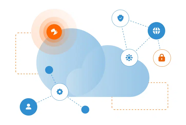 Abstract illustration of a blue cloud with connected icons: a person, gear, shield, globe, lock, and network, representing cloud computing and security concepts. An orange target symbol highlights a focus point on the cloud.