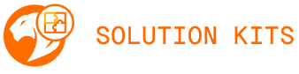 Orange lion head icon with a magnifying glass highlighting a puzzle piece, next to the words SOLUTION KITS in bold orange letters on a light gray background.