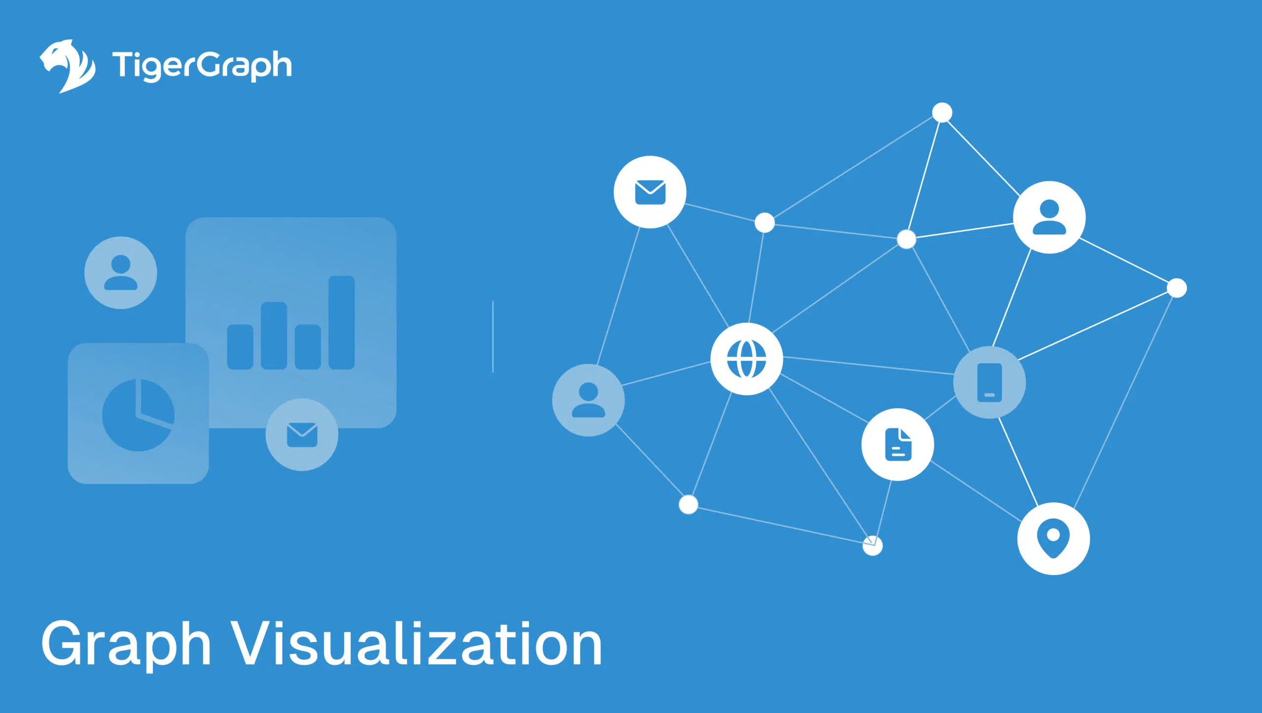 A blue graphic showing interconnected icons representing people, email, web, and data, illustrating a network. On the left are faded chart icons and the TigerGraph logo. The text reads Graph Visualization.