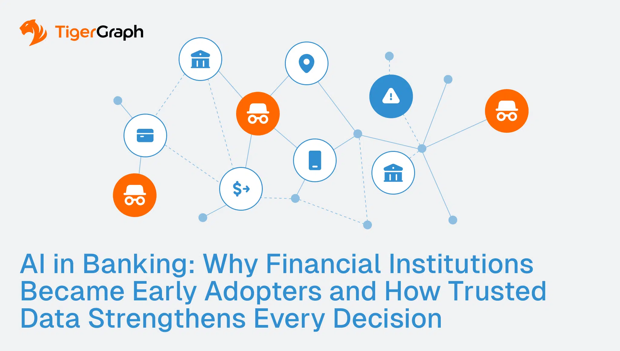 A network diagram with banking and AI icons, some with orange masks, illustrates connections. The TigerGraph logo is in the top left. Blue text reads: AI in Banking: Why Financial Institutions Became Early Adopters and How Trusted Data Strengthens Every Decision.