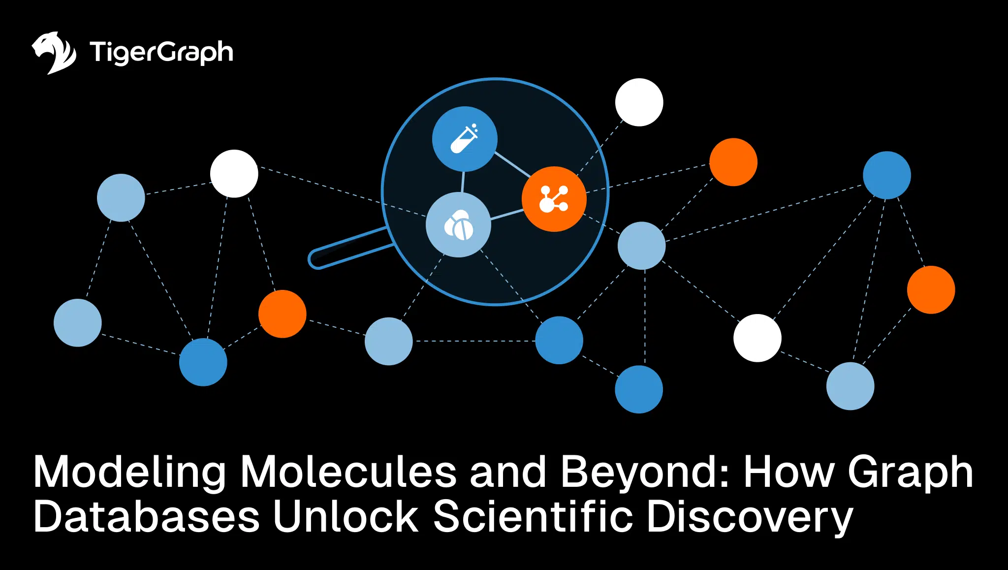 A network of interconnected blue, white, and orange circles symbolizing a graph database, with a magnifying glass highlighting some nodes. TigerGraph logo is in the top left. Text reads: Modeling Molecules and Beyond: How Graph Databases Unlock Scientific Discovery.