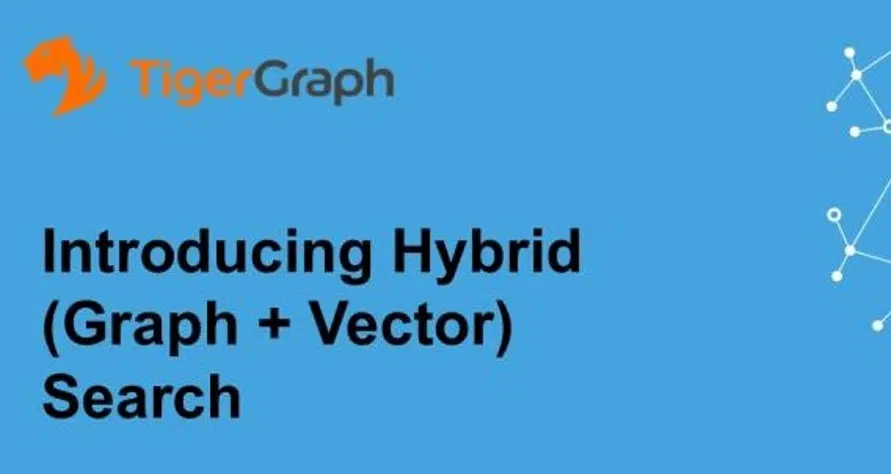 Blue background with TigerGraph logo and text: Introducing Hybrid (Graph + Vector) Search. There are also white connected dots forming a network design on the right side of the image.