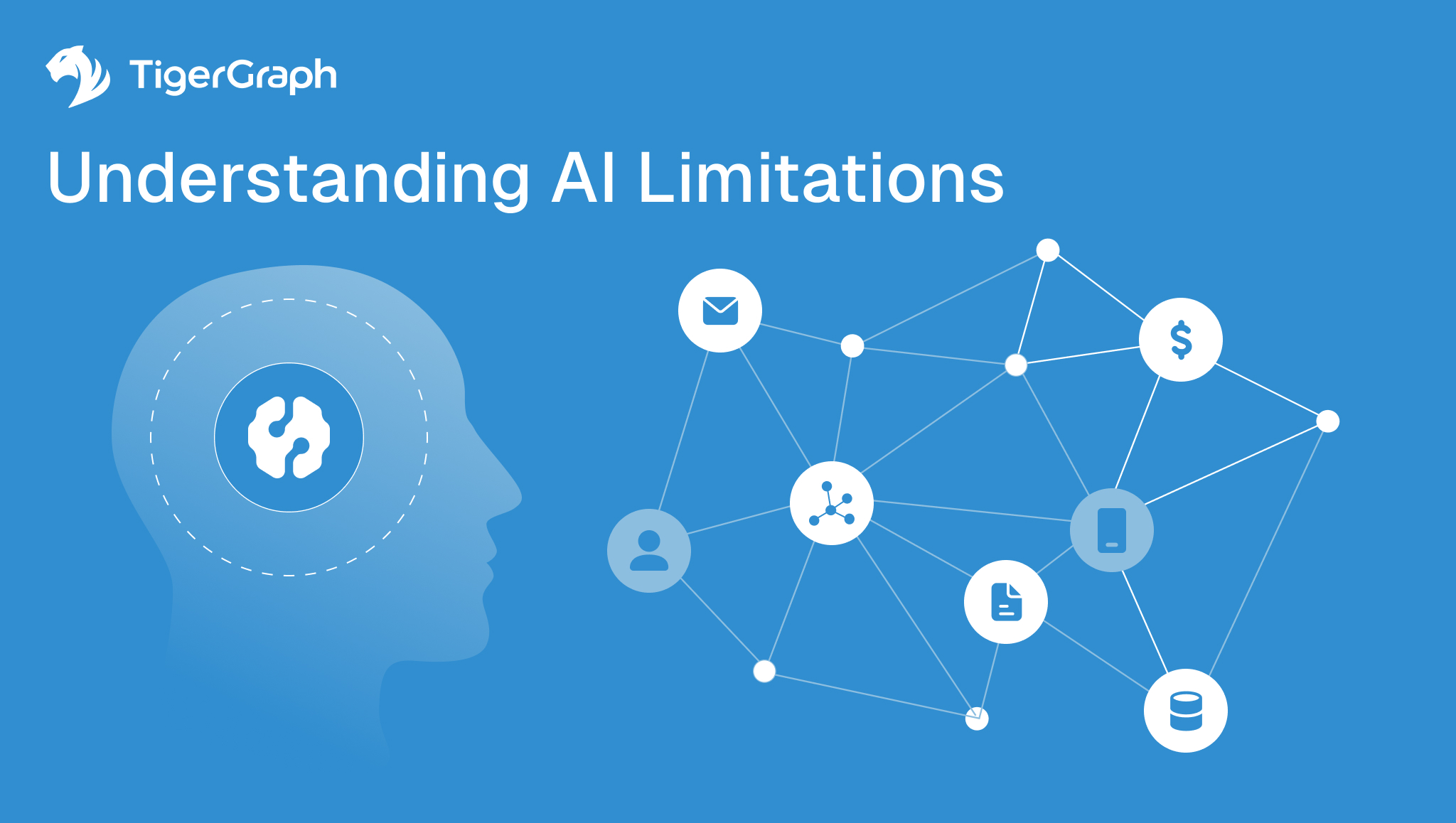 A blue graphic with a human head silhouette on the left, brain icon inside, and a network of connected icons on the right representing email, money, person, mobile, document, and database. Text: Understanding AI Limitations.