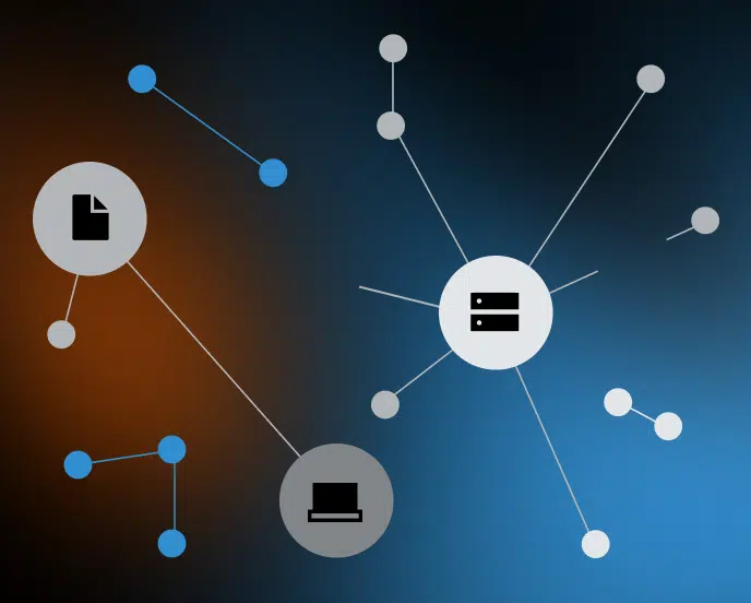 A network diagram with connected nodes. Large gray circles with icons for a document, computer, and server are linked to smaller blue and gray circles, representing data or device connections on a dark gradient background.