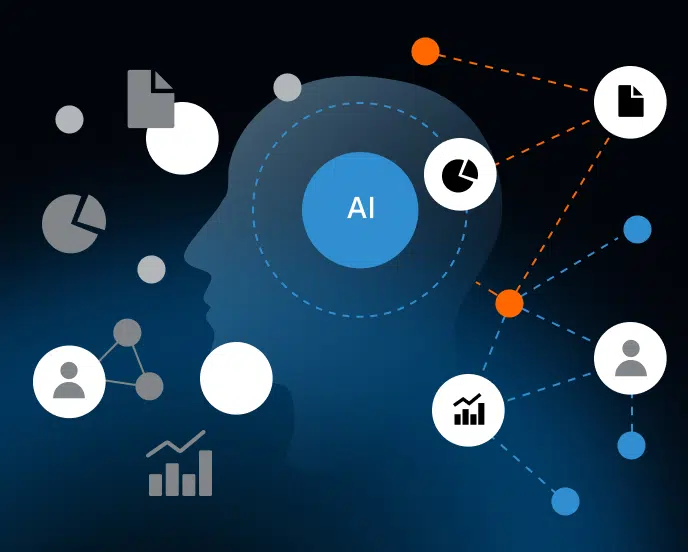 Abstract illustration featuring a human profile silhouette with a central “AI” label, surrounded by icons representing data, analytics, documents, and network connections on a dark background.