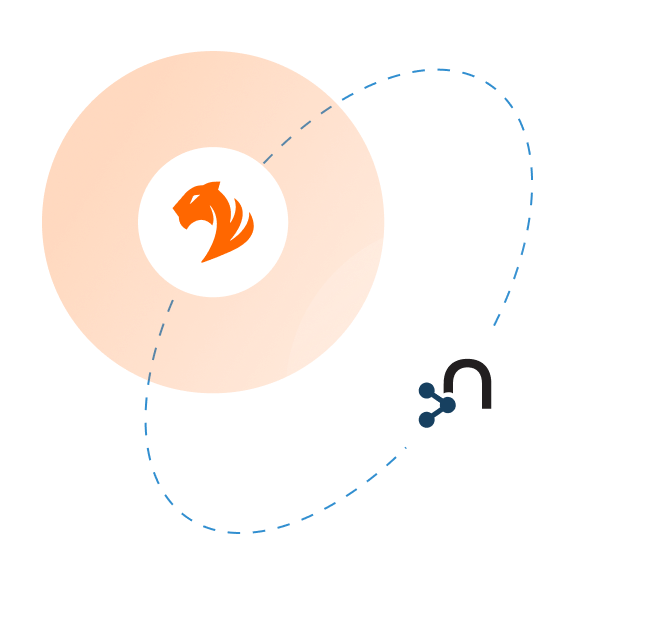 A graphic showing two circular icons: one with an orange stylized animal head and one with a black curved line and dots, connected by a dotted blue orbit-like path.