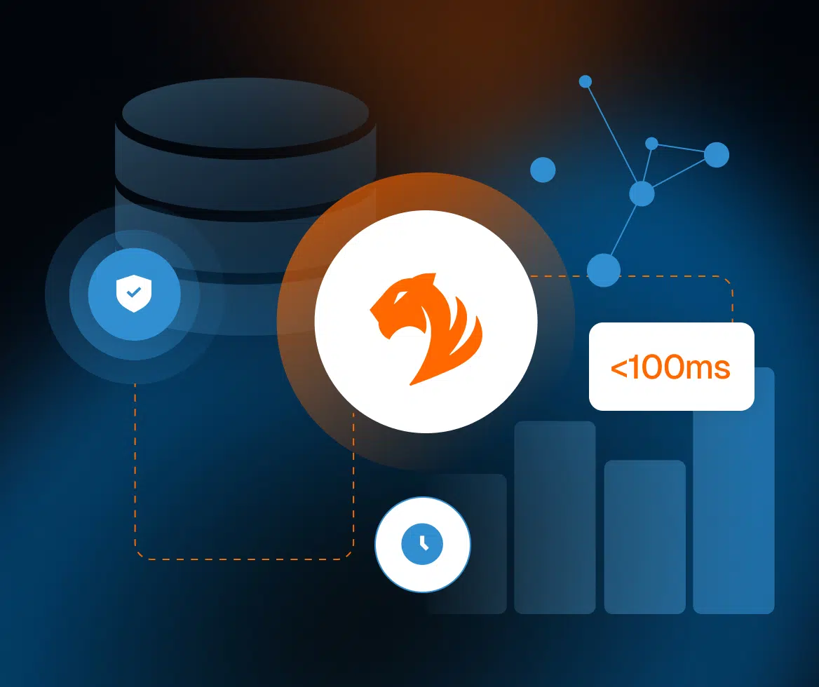 A graphic with a large tiger head logo in the center, surrounded by database and network icons, a speed gauge showing