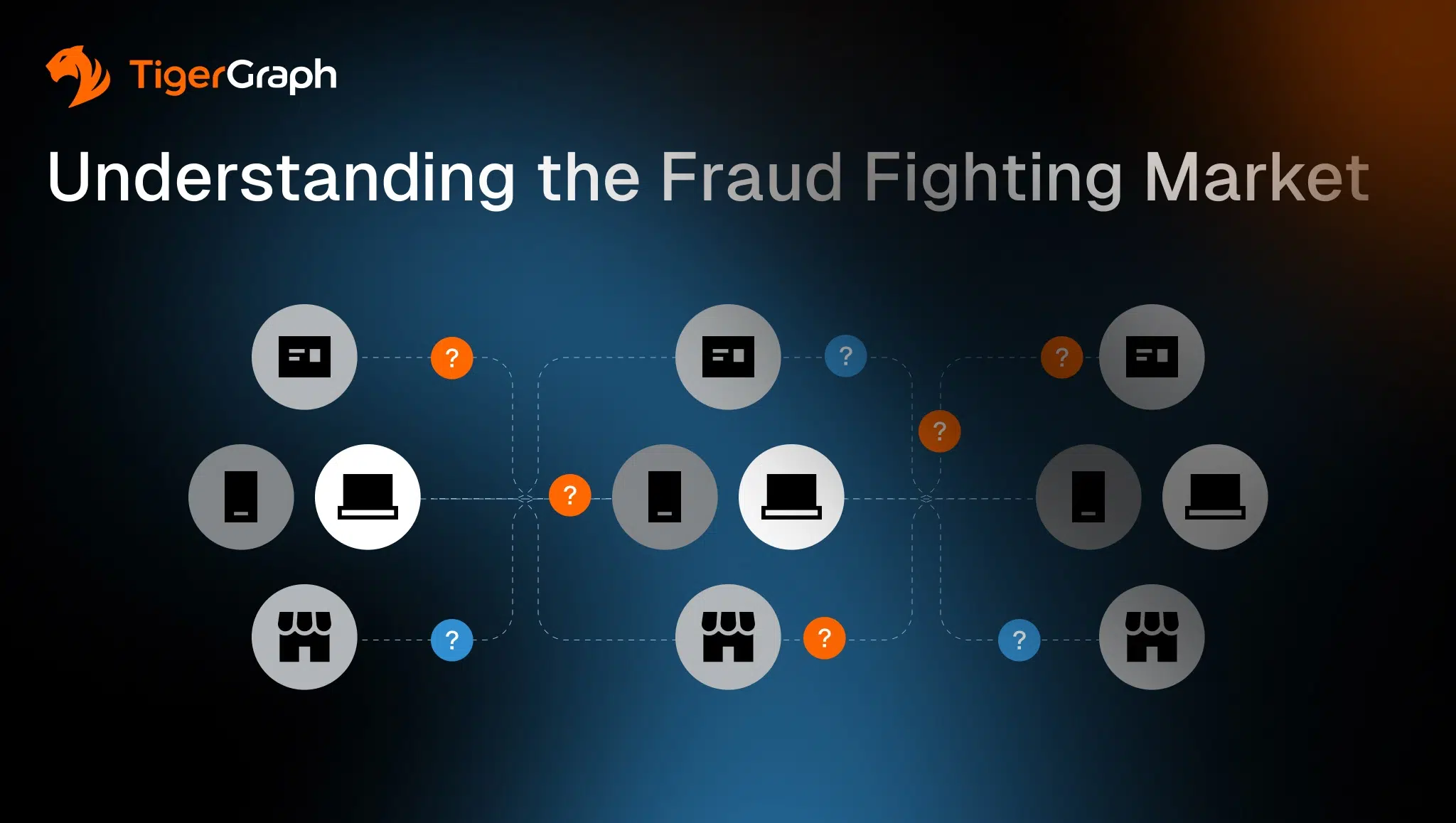 A TigerGraph graphic titled Understanding the Fraud Fighting Market shows interconnected icons of computers and stores, with question mark and exclamation point circles indicating uncertainty in networked relationships.