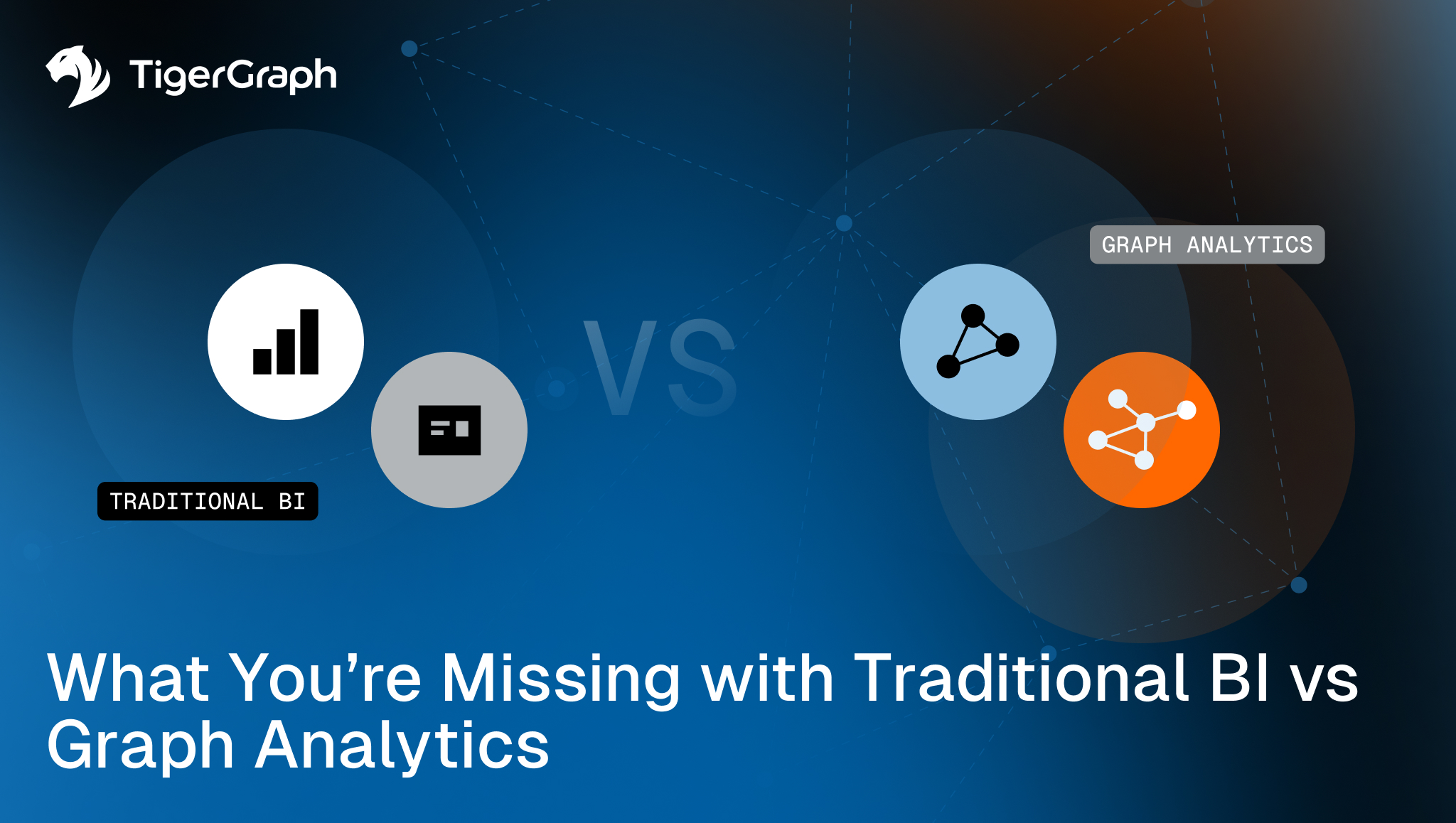 A comparison graphic showing Traditional BI with bar and table icons versus Graph Analytics with a network node icon, highlighting differences, with the text: What You’re Missing with Traditional BI vs Graph Analytics.