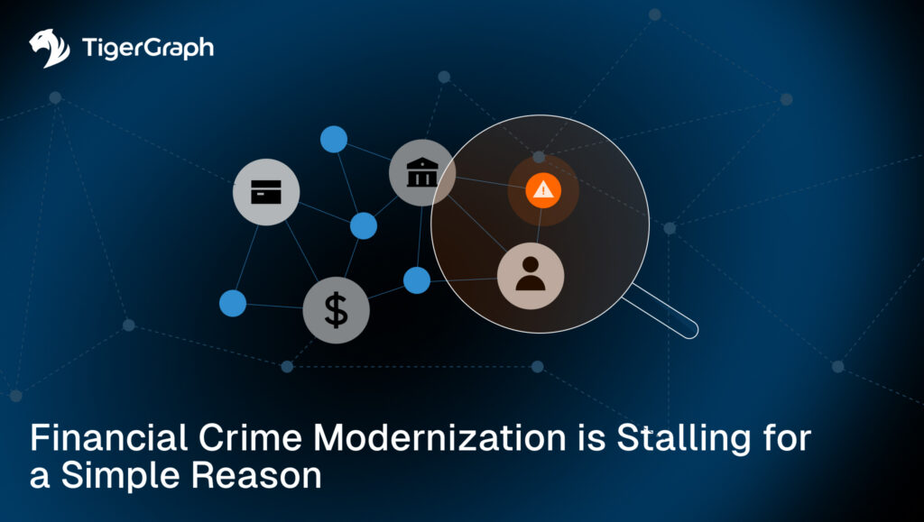 A graphic shows financial icons connected by lines with a magnifying glass highlighting a warning symbol and a user icon; text reads, Financial Crime Modernization is Stalling for a Simple Reason. TigerGraph logo appears in the top left.
