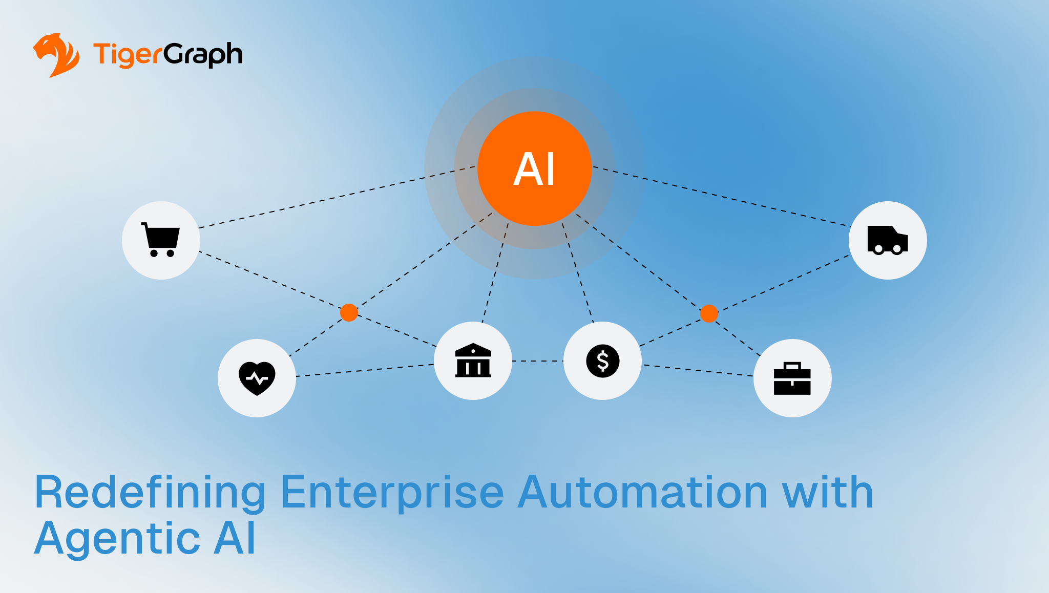A central orange AI circle connects with icons representing shopping, health, banking, money, business, and shipping. TigerGraph logo appears in the top left. Text below reads, Redefining Enterprise Automation with Agentic AI.