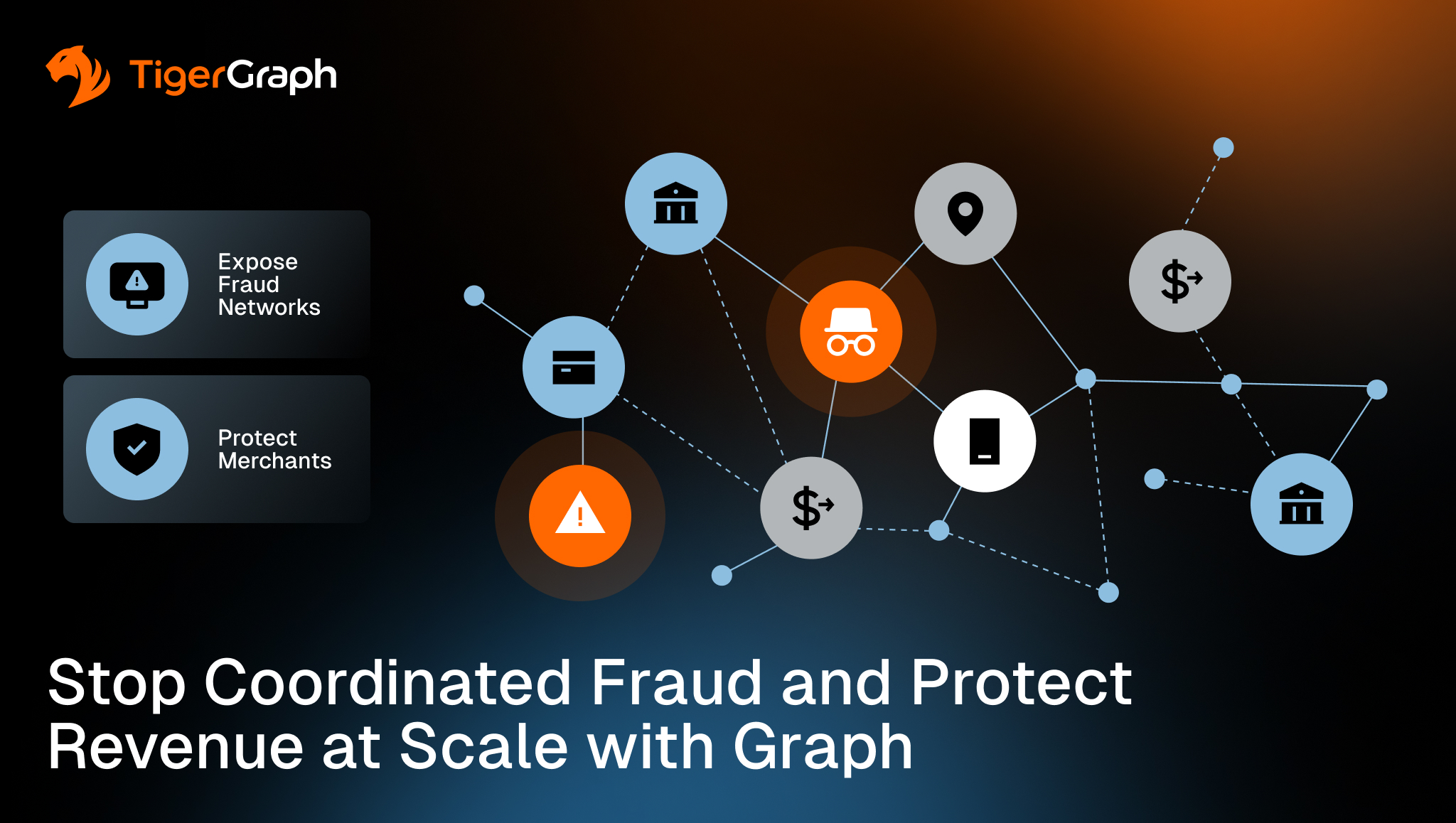 A digital graphic with network icons and lines illustrates fraud detection. The TigerGraph logo appears in the top left. Text reads: Stop Coordinated Fraud and Protect Revenue at Scale with Graph, next to icons for exposing fraud networks and protecting merchants.