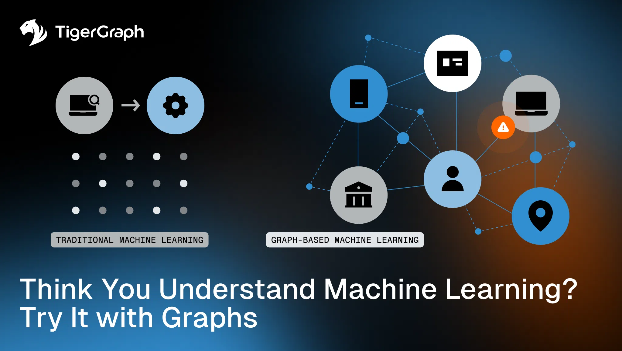 An infographic comparing traditional machine learning, shown with isolated icons, to graph-based machine learning, shown with connected network nodes. Text reads: Think You Understand Machine Learning? Try It with Graphs. TigerGraph logo top left.