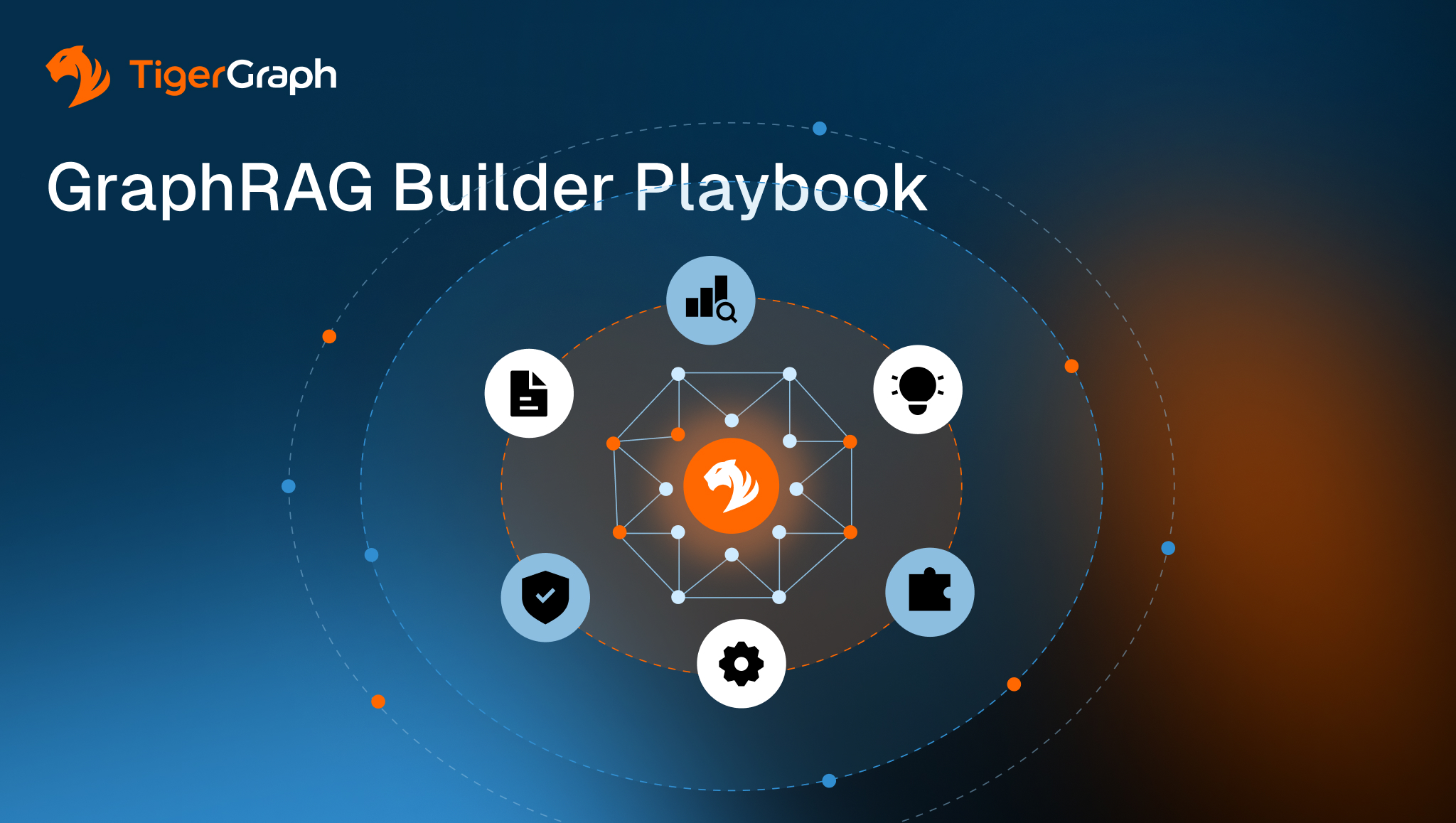 GraphRAG Builder Playbook cover illustrating the core components of enterprise GraphRAG architecture, including retrieval, explainability, reasoning, security, optimization, and production engineering centered around a knowledge graph.