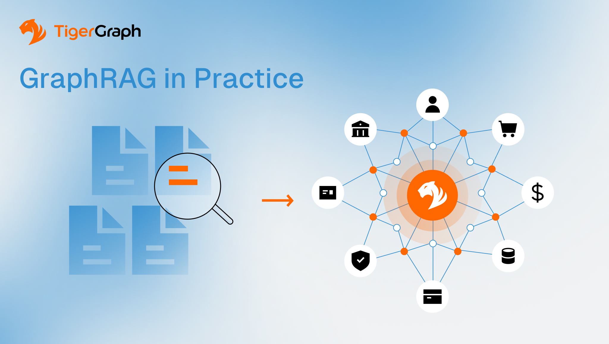 Illustration showing GraphRAG connecting isolated documents into a relationship-aware knowledge graph that links people, organizations, transactions, and enterprise data using TigerGraph.