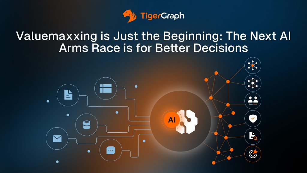TigerGraph Valuemaxxing graphic showing enterprise data and applications flowing through AI and connected relationships to enable trusted, explainable business decisions.