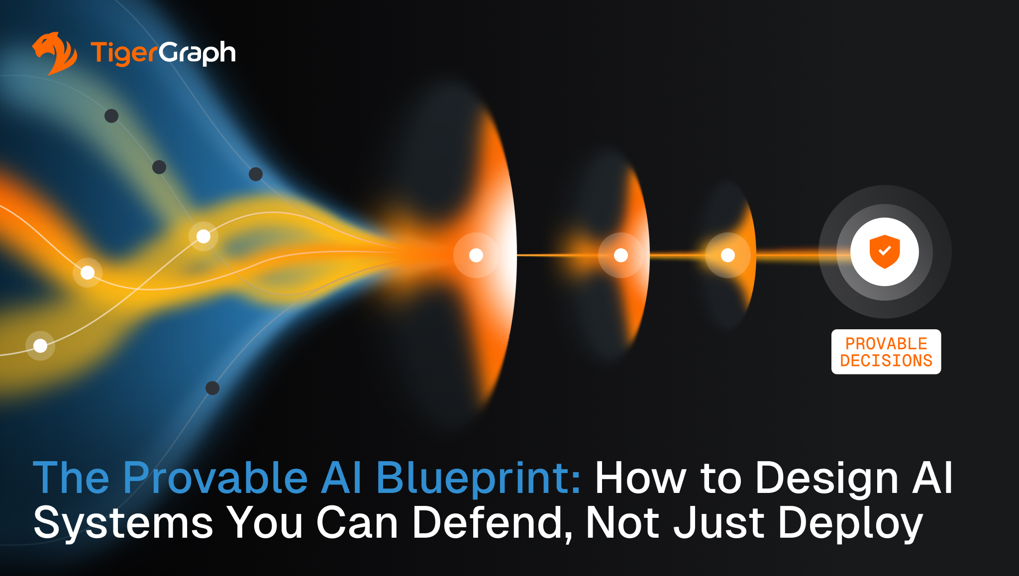 TigerGraph Provable AI Blueprint showing connected enterprise context converging into governed, provable AI decisions.
